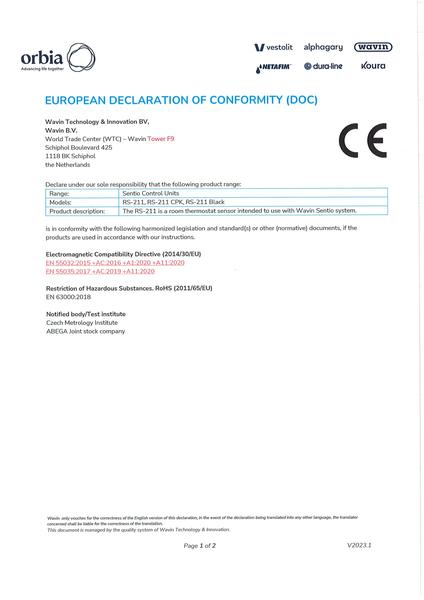 Declaration of Conformity: Sentio RS-211