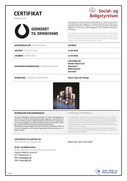 Godkendelse - No. 03/00025 - Godkendt til drikkevand - Wavin Tigris M1 fittings