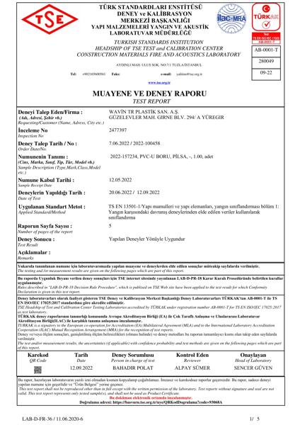 PVC Atık Su TSE Yangın Sınıfı Raporu