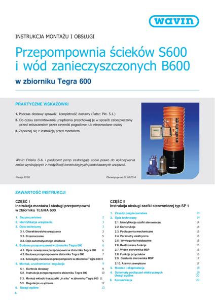 Instrukcja montażu Przepompownia ścieków S600 i wód zanieczyszczonych B600