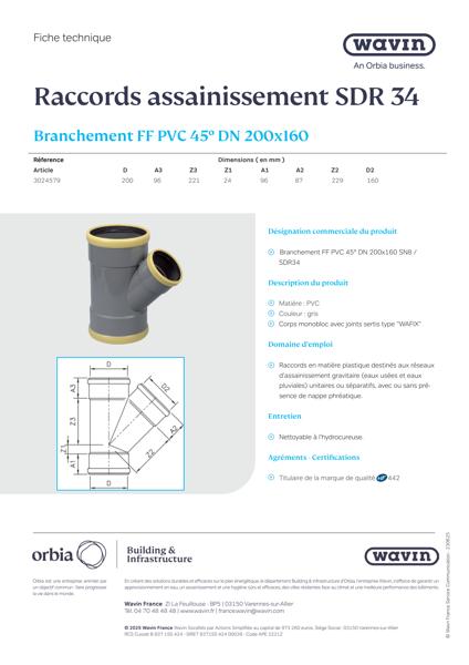 Fiche technique - SDR34 Branchement FF PVC 45° 200x160