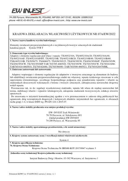 KDWU 07A/EW/2022 Adapter pod włazy/wpusty na stożek TAR