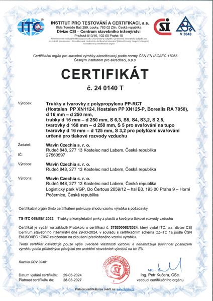 Certifikát Wavin PP-R vzduch