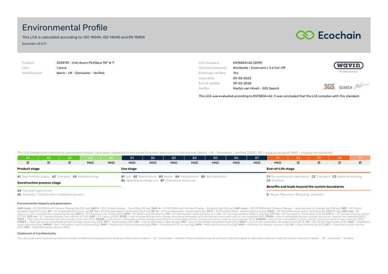 Wavin - UK - Doncaster - Verified-3038741 - Irish Acorn Pb Elbow 90 W 1-2020-environmental-profile 2023-04-24 1612