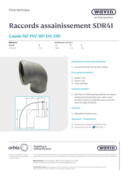 Fiche technique Coude MF 90° DN 250 SDR 41 - 3021204