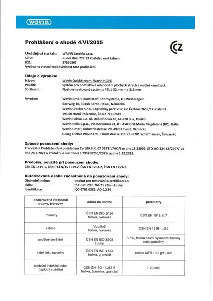 Prohlášení QuickStream, HD PE odpadní potrubí