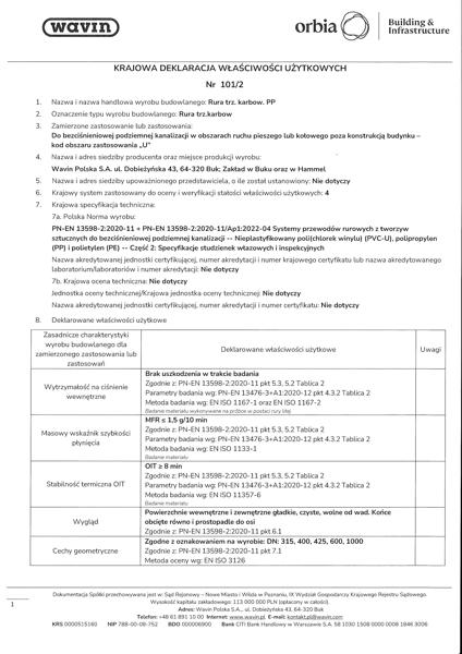 KDWU 101/2 Rury trzonowe karbowane PP, DN 315, 400, 425, 600, 1000