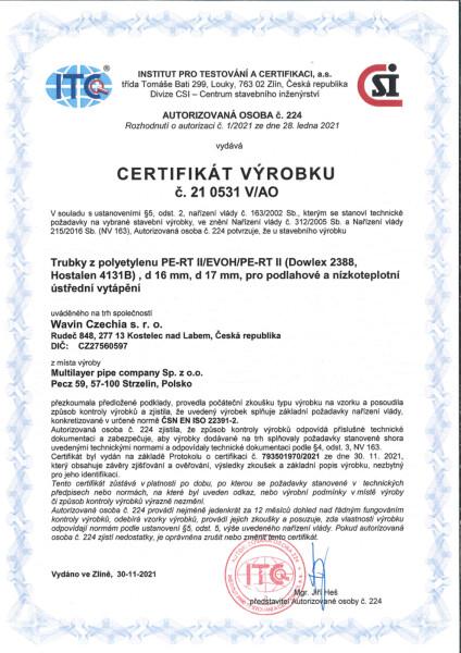 Certifikát PERT/EVOH/PERT – vytápění 
