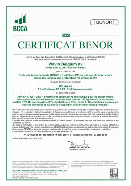 Certificat BENOR PP EN 13598-1 Boîtes de branchements (DN200-DN400) en PP pour les applications hors chaussée - Valable au 31.08.2028