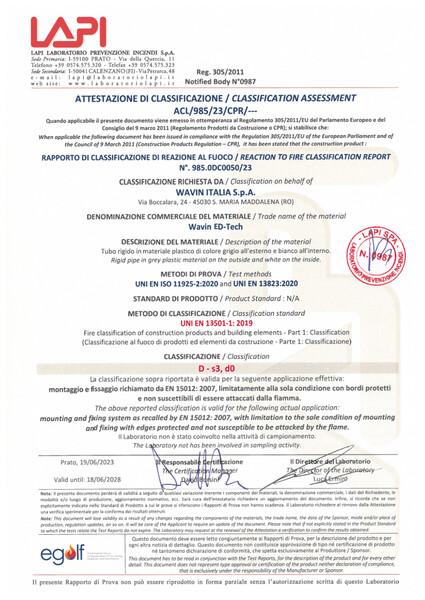Rapporto di classificazione di reazione al fuoco Wavin ED-Tech 2023-2028