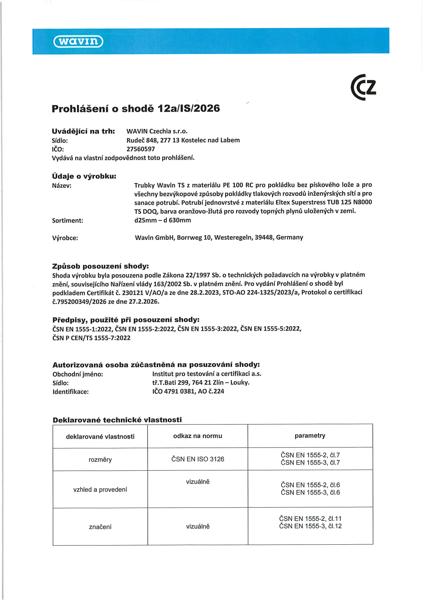 Prohlášení Wavin TS PE 100 RC - plyn