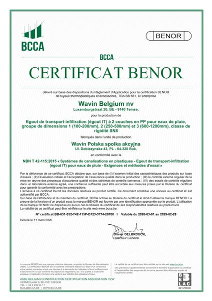 Certificat BENOR PP NBN T42-115 Egout de transport-infiltration (égout IT) à 2 couches en PP pour eaux de pluie D1, D2 et D3
