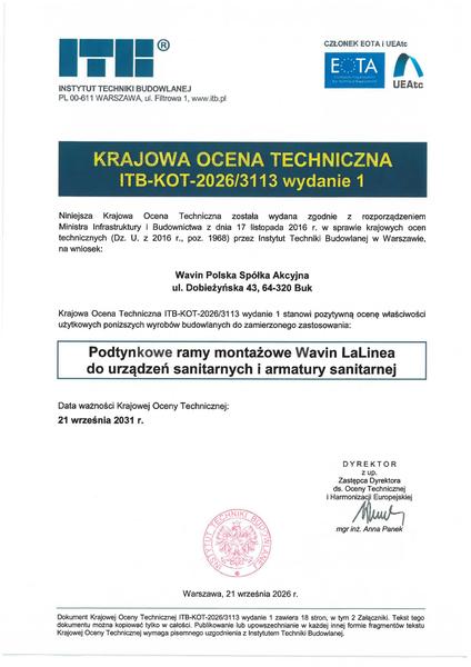 KOT ITB 2026/3113 wyd 1_Wavin LaLinea Stelaże podtynkowe