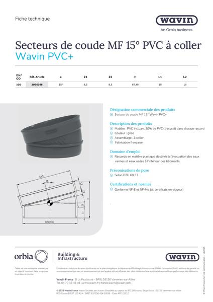 Fiche technique - Secteur de coude MF 15° PVC+