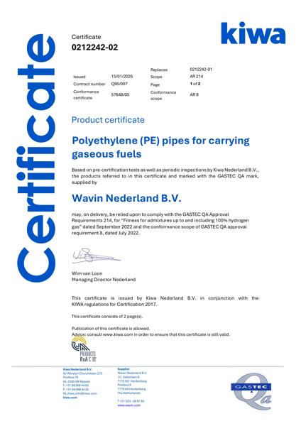 Certificate QA 0212242 PE pipes for carrying gaseous fuels