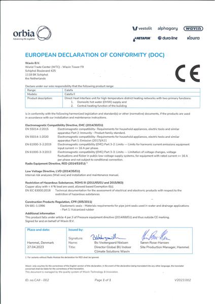 Declaration of conformity - Calefa II district heating unit