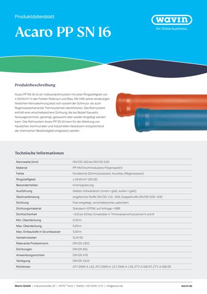 Produktdatenblatt Wavin Acaro PP SN 16