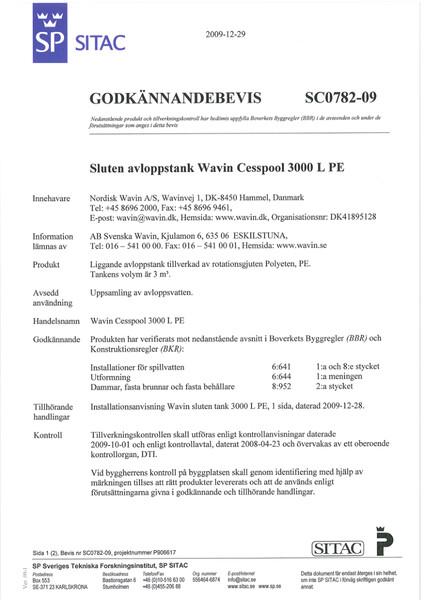Godkendelse - No. SC0782-09 - Sluten avloppstank Wavin Cesspool 3000 L PE