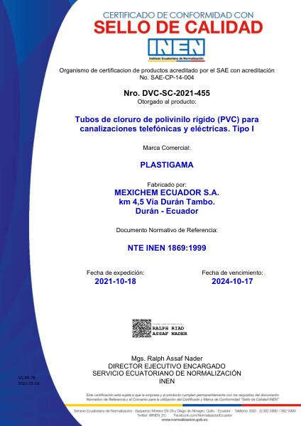 Sello Tubo PVC para Canalizaciones Telefónicas y Eléctricas Tipo I NTE INEN 1869