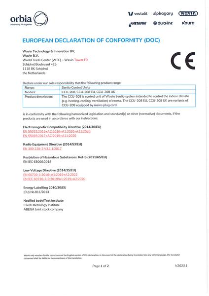 Declaration of Conformity: Sentio CCU-208