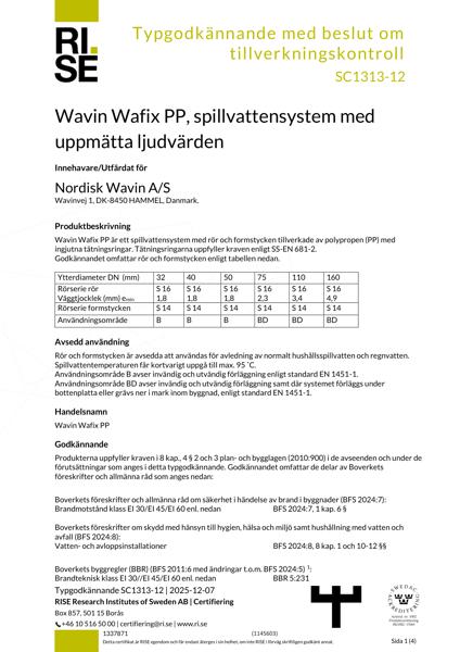 RISE  Typgodkännande - Wafix PP rör och delar - No. SC1313-12