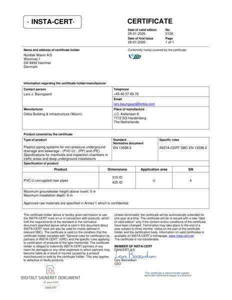 Godkendelse - No. 2126 - INSTA-CERT - PVC korrugeret opføringsrør