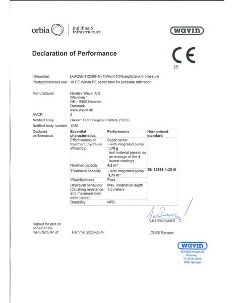 Declaration of Performance (DoP) - EN 12566-1 :2016 - 10 PE Wavin PE septic tank for pressure infiltration