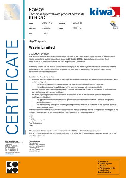 Certificaat KOMO K11413/10 Hep2O system - Radiatoraansluitingen