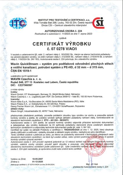 Certifikát výrobků: QuickStream, HDPE