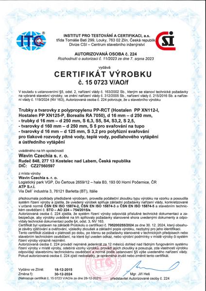 Certifikát Wavin PP-RCT voda, vytápění