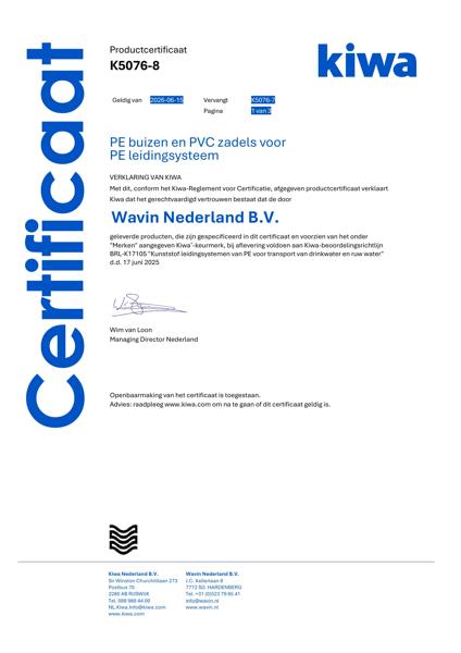 Certificaat Kiwa-ATA K5076/8 Waterleidingbuizen van PE
