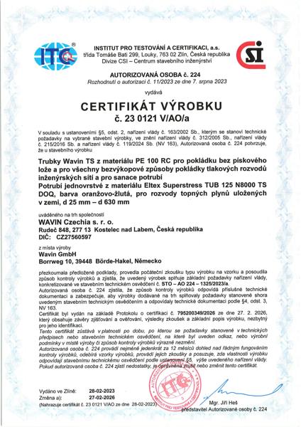 Certifikát Wavin TS PE 100 RC - plyn