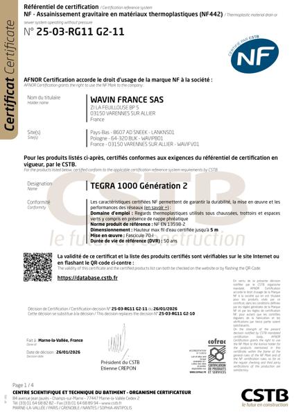 Certificat NF 442 - Tegra 1000 G2 2021 - Sneek - Var - Buk