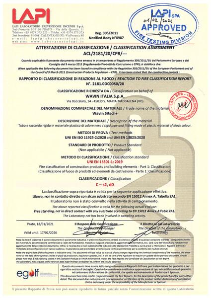 Rapporto di classificazione di reazione al fuoco Wavin Wavin SiTech+ 2021-2026