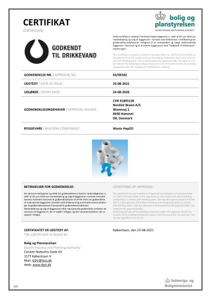 Godkendelse - No. 03/00182 - Godkendt til drikkevand - Wavin Hep2O