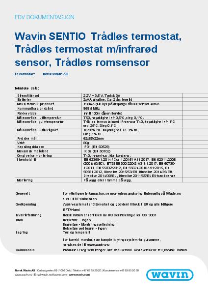FDV Wavin SENTIO Trådløs termostat, Trådløs termostat m/infrarød sensor, Trådløs romsensor