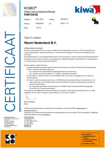 Certificaat KOMO K99729/02 Tigris K1 systeem Ø75mm