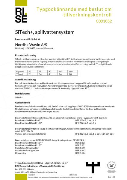 RISE  Typgodkännande - SiTech+, spillvatten - No. C001052