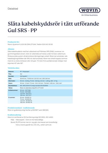 Wavin Kabelrör PP SRS 6m Gul