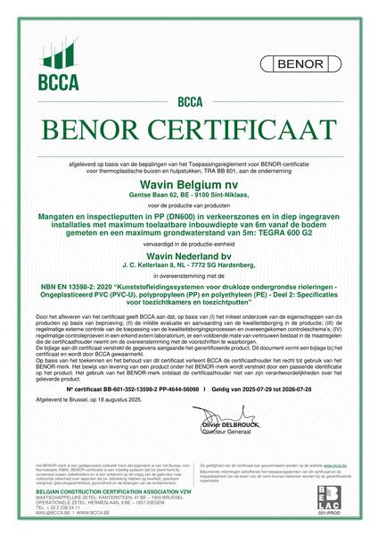 Certificaat Benor NBN NL 13598-2: 2020 Tegra G2 - Geldig tot 28-07-2028
