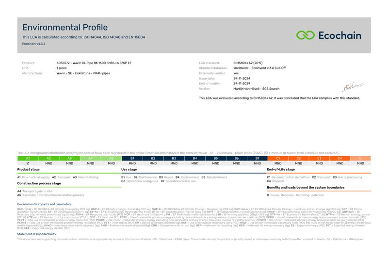 Wavin - SE - Eskilstuna - KRAH pipes-4055572 - Wavin XL Pipe BK 1600 SN8 L6 SSP EF-2020-environmental-profile 2025-04-09 1559