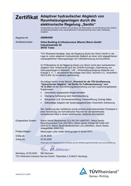 TÜV Zertifikat Wavin Hydraulischer Abgleich mit Wavin Sentio für FBH