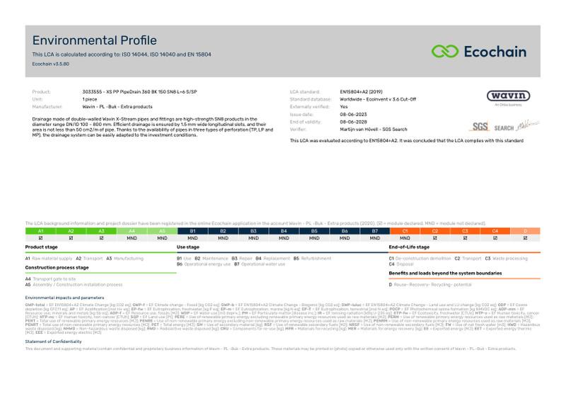 Wavin - PL -Buk - Extra products-3033555 - XS PP PipeDrain 360 BK 150 SN8 L6 SSP-2020-environmental-profile 2023-06-26 1310