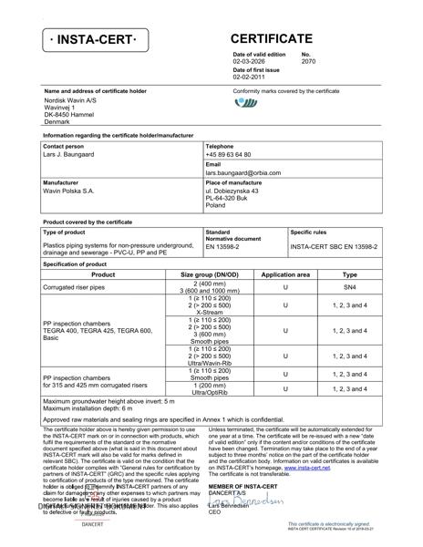 INSTA-CERT - No. 2070 - Inspection chambers, PP TEGRA 400, TEGRA 425, TEGRA 600, Basic