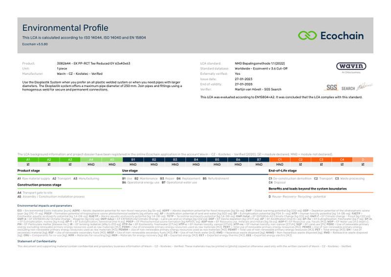 Wavin - CZ - Kostelec - Verified-3082644 - EK PP-RCT Tee Reduced GY 63x40x63-2020-environmental-profile 2023-05-23 1704