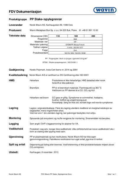 FDV Wavin PP Stake- spylegrenrør