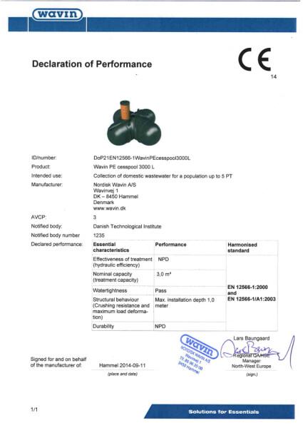 Certificate of Conformity - Wavin PE cesspool 3000 L - CoC in accordance with EN 12566-1 and SPF 1300