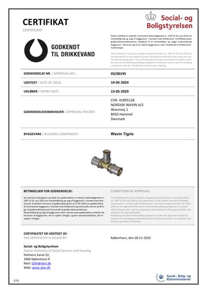 Godkendelse - No. 03/00195 - Godkendt til drkkevand - Wavin Tigris M5 CW724N