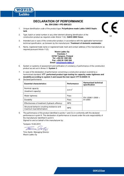 Declaration of Performance (DoP) - No. EN12566-1-PE-00KU23 - Sako 2000 Vision