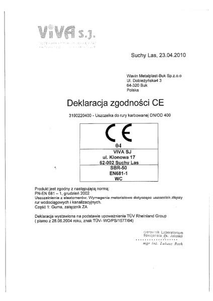 Deklaracja Zgodności  CE Uszczelka do rury trzonowej 400